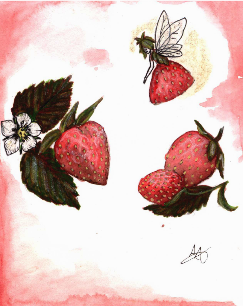 Strawberry Fairy Watercolor Art Print – Cute Cottagecore Kitchen Wall Decor